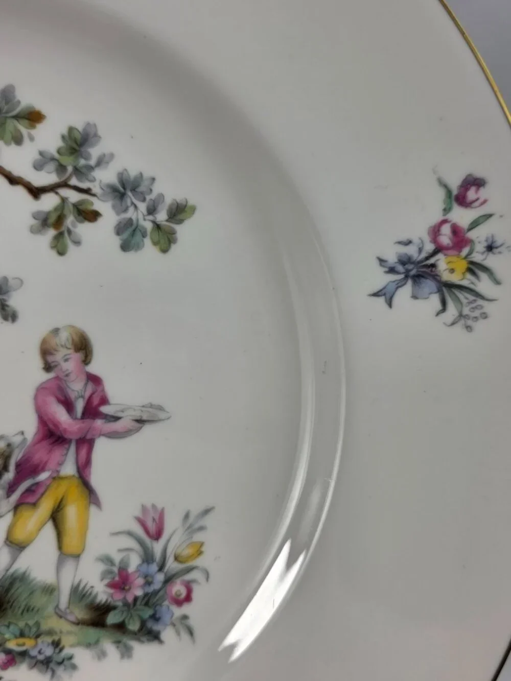 TWO Royal Worcester Watteau Luncheon Plates People in Center with Flowers & Tree
